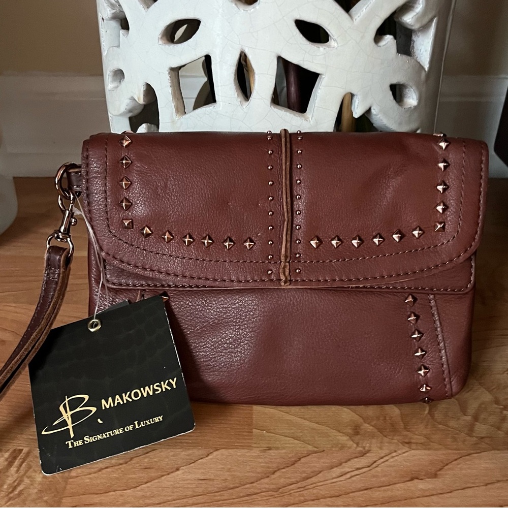 B. Makowsky Vintage Rose Gold Studded Brown Leather Wristlet